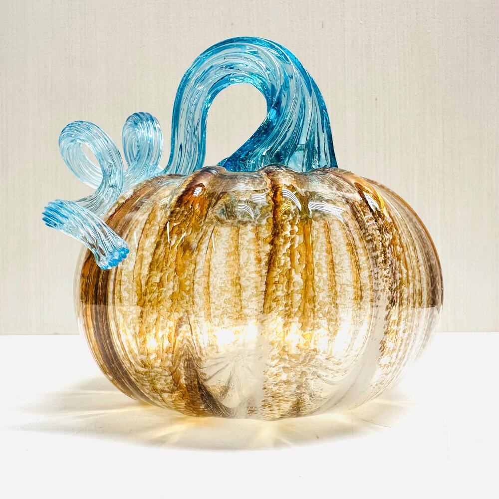 Vintage Hand Blown Art Glass Pumpkin Hues of Orange Brown Teal Stem